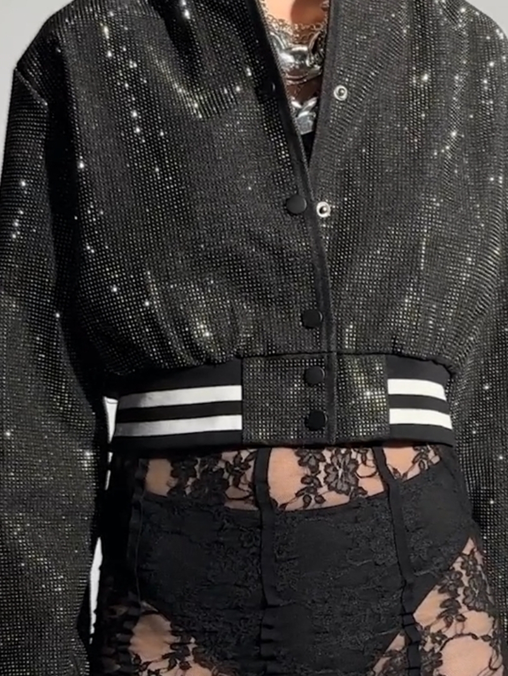 AKIRA Cropped Black Sequin Bomber Jacket with Striped Varsity Bands, Size L